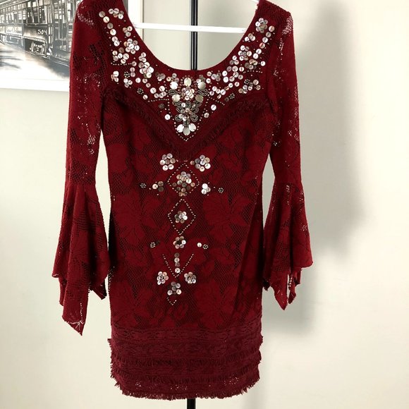 Free People Red Boho Sequin Ruffle Dress - Picture 1 of 16